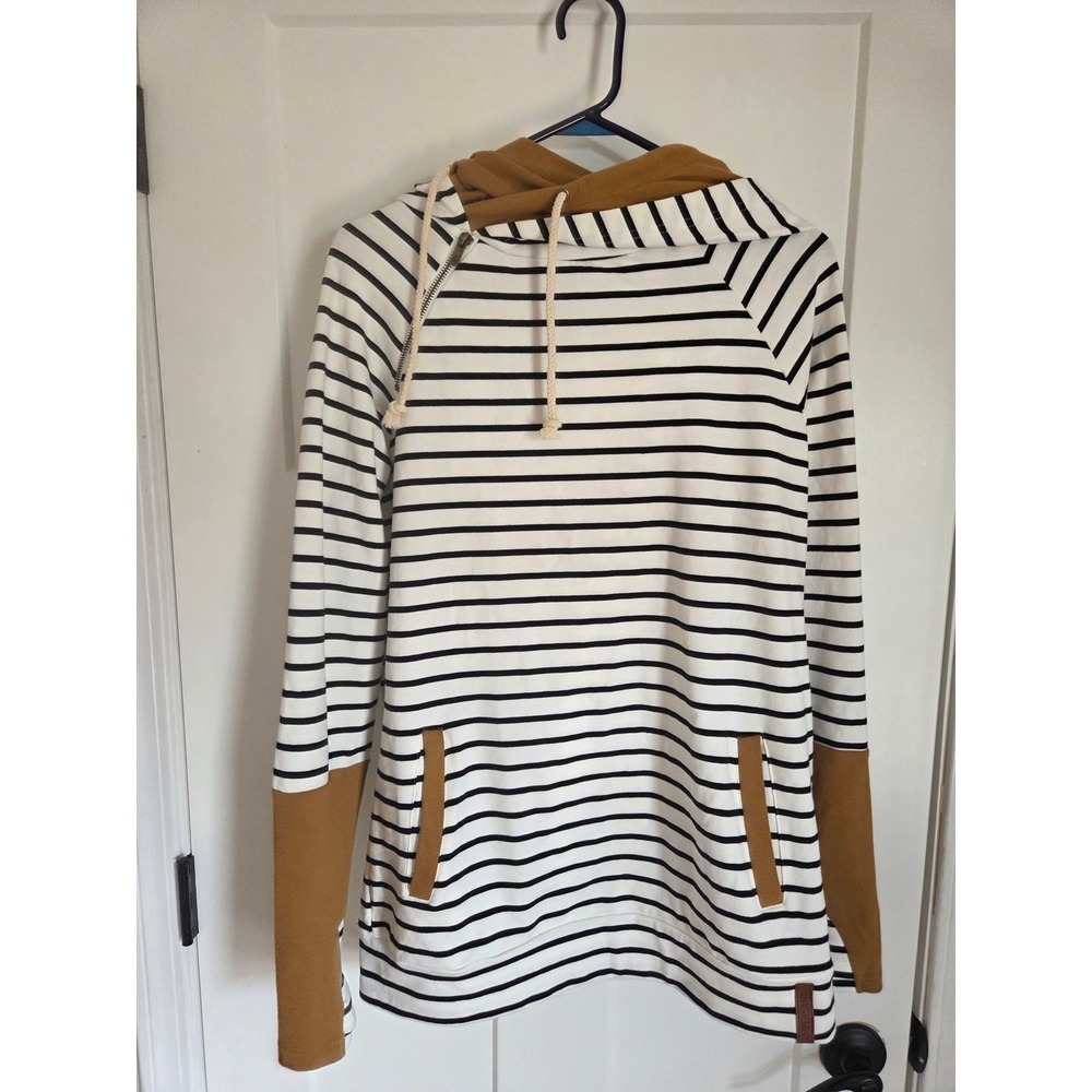 Ampersand Avenue Double Hooded‎ Sweatshirt Striped Mustard Brown Black White L